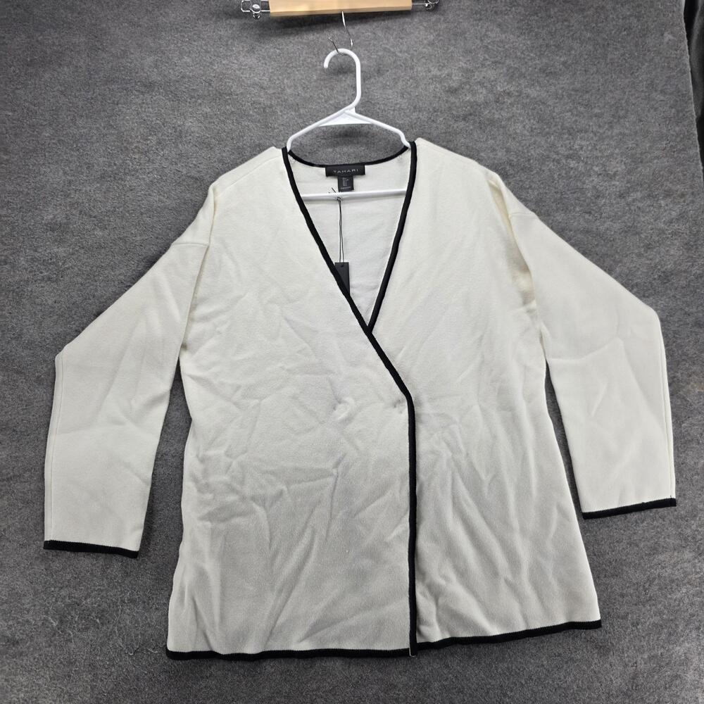Tahari Sweater Cardigan Womens L White V-Neck Open Lightweight Tight-Knit